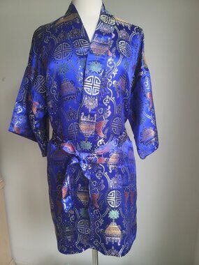Qiong Yu Chinese Short Silk Brocade Open Front Lounge Robe Kimono One Size
